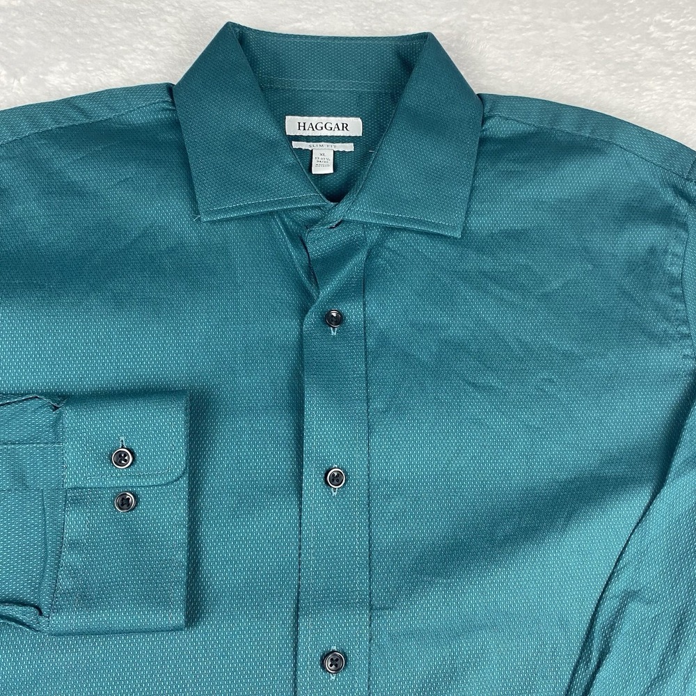 HAGGAR Dress Shirt Mens XL 17.5-34/35 Dk Green Slim Fit Wrinkle Free Stretch NWT